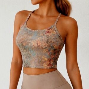 Beyond Yoga Racerback Top Size Large Slim Cropped Yoga Built In Bra Blue Brown